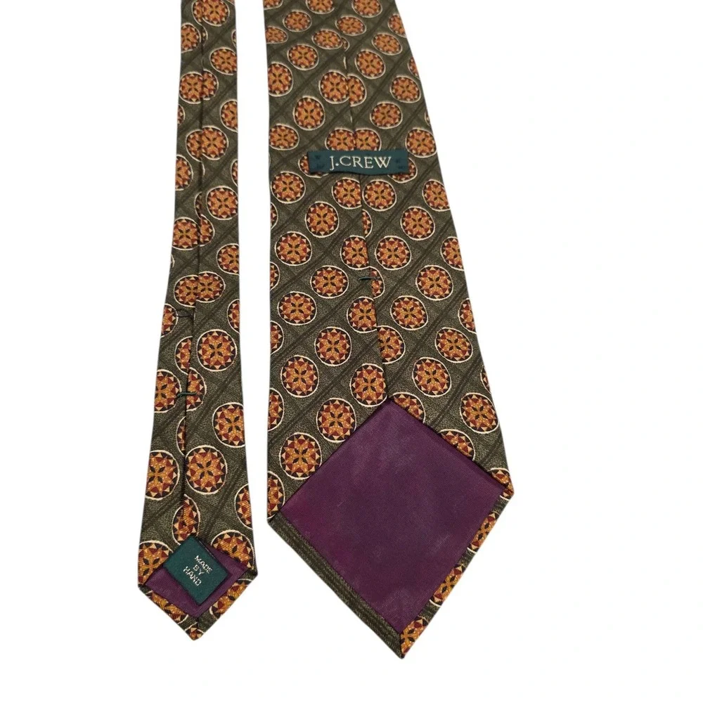 Vintage J.CREW Silk Medallion Pattern Tie Green Orange Men's Luxury Neckwear‎